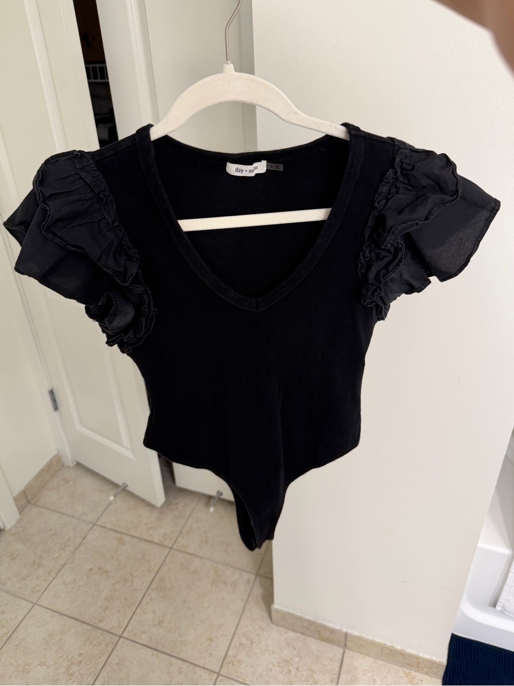 Black V-Neck Ruffle Sleeve Bodysuit Top